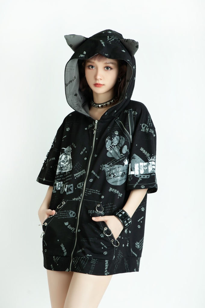 Jillpunk エモパンク 王道パンク 野良猫 鉄の輪 しっぽ付き ゆったり 猫耳 半袖パーカー フード付きジャケット かわいい 猫系 オリジナル おしゃれ男女兼用ファッション メンズ レディース