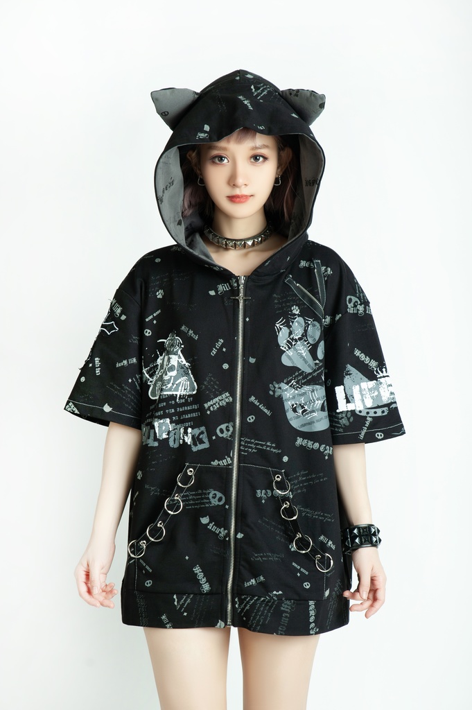Jillpunk エモパンク 王道パンク 野良猫 鉄の輪 しっぽ付き ゆったり 猫耳 半袖パーカー フード付きジャケット かわいい 猫系 オリジナル おしゃれ男女兼用ファッション メンズ レディース