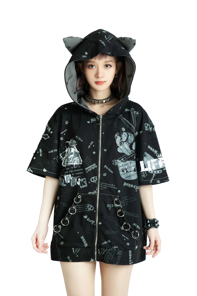 Jillpunk エモパンク 王道パンク 野良猫 鉄の輪 しっぽ付き ゆったり 猫耳 半袖パーカー フード付きジャケット かわいい 猫系 オリジナル おしゃれ男女兼用ファッション メンズ レディース