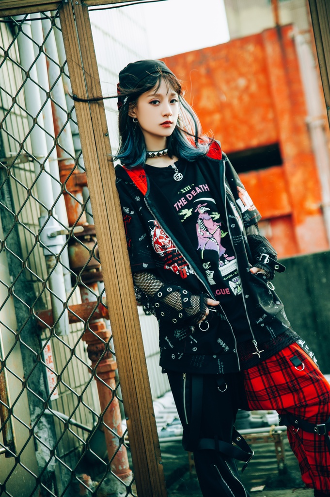 Jillpunk エモパンク 王道パンク 野良猫 鉄の輪 しっぽ付き ゆったり 猫耳 半袖パーカー フード付きジャケット かわいい 猫系 オリジナル おしゃれ男女兼用ファッション メンズ レディース