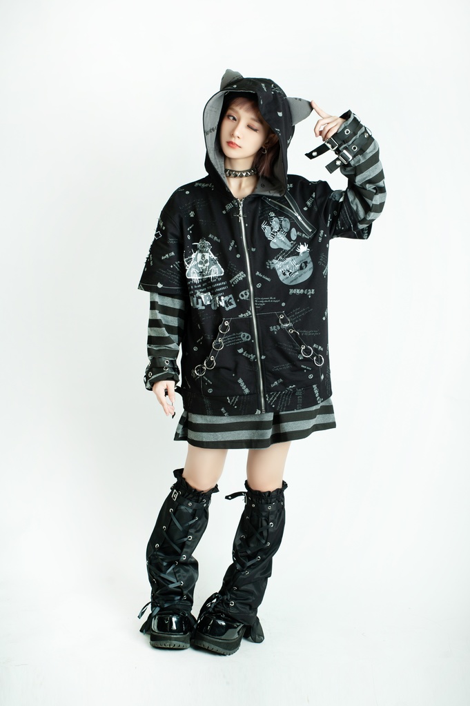Jillpunk エモパンク 王道パンク 野良猫 鉄の輪 しっぽ付き ゆったり 猫耳 半袖パーカー フード付きジャケット かわいい 猫系 オリジナル おしゃれ男女兼用ファッション メンズ レディース