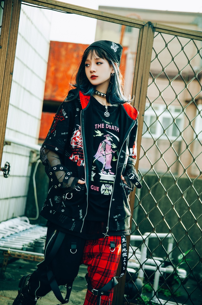 Jillpunk エモパンク 王道パンク 野良猫 鉄の輪 しっぽ付き ゆったり 猫耳 半袖パーカー フード付きジャケット かわいい 猫系 オリジナル おしゃれ男女兼用ファッション メンズ レディース