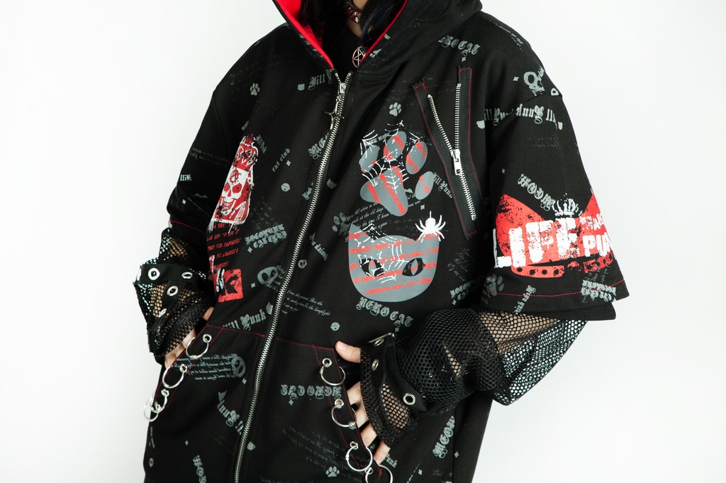 Jillpunk エモパンク 王道パンク 野良猫 鉄の輪 しっぽ付き ゆったり 猫耳 半袖パーカー フード付きジャケット かわいい 猫系 オリジナル おしゃれ男女兼用ファッション メンズ レディース