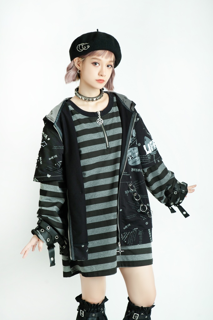 Jillpunk エモパンク 王道パンク 野良猫 鉄の輪 しっぽ付き ゆったり 猫耳 半袖パーカー フード付きジャケット かわいい 猫系 オリジナル おしゃれ男女兼用ファッション メンズ レディース