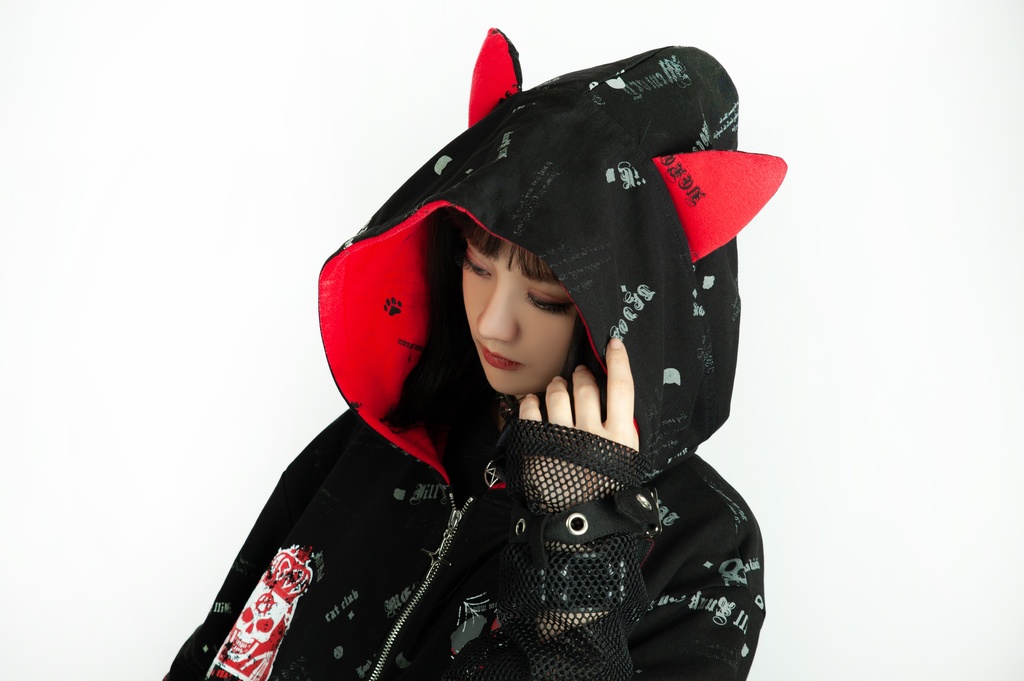 Jillpunk エモパンク 王道パンク 野良猫 鉄の輪 しっぽ付き ゆったり 猫耳 半袖パーカー フード付きジャケット かわいい 猫系 オリジナル おしゃれ男女兼用ファッション メンズ レディース