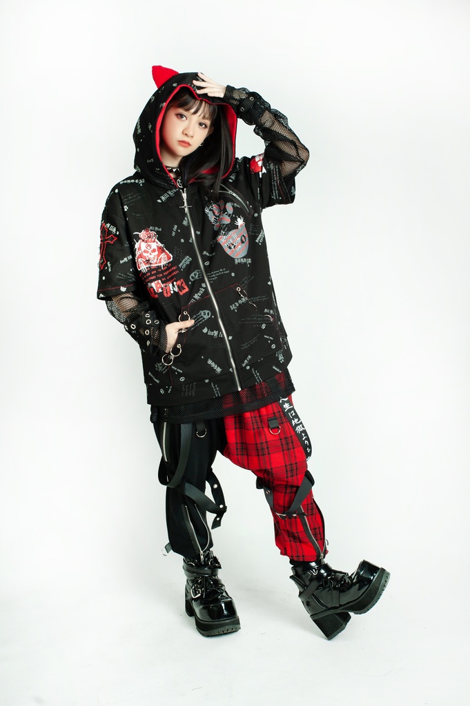 Jillpunk エモパンク 王道パンク 野良猫 鉄の輪 しっぽ付き ゆったり 猫耳 半袖パーカー フード付きジャケット かわいい 猫系 オリジナル おしゃれ男女兼用ファッション メンズ レディース