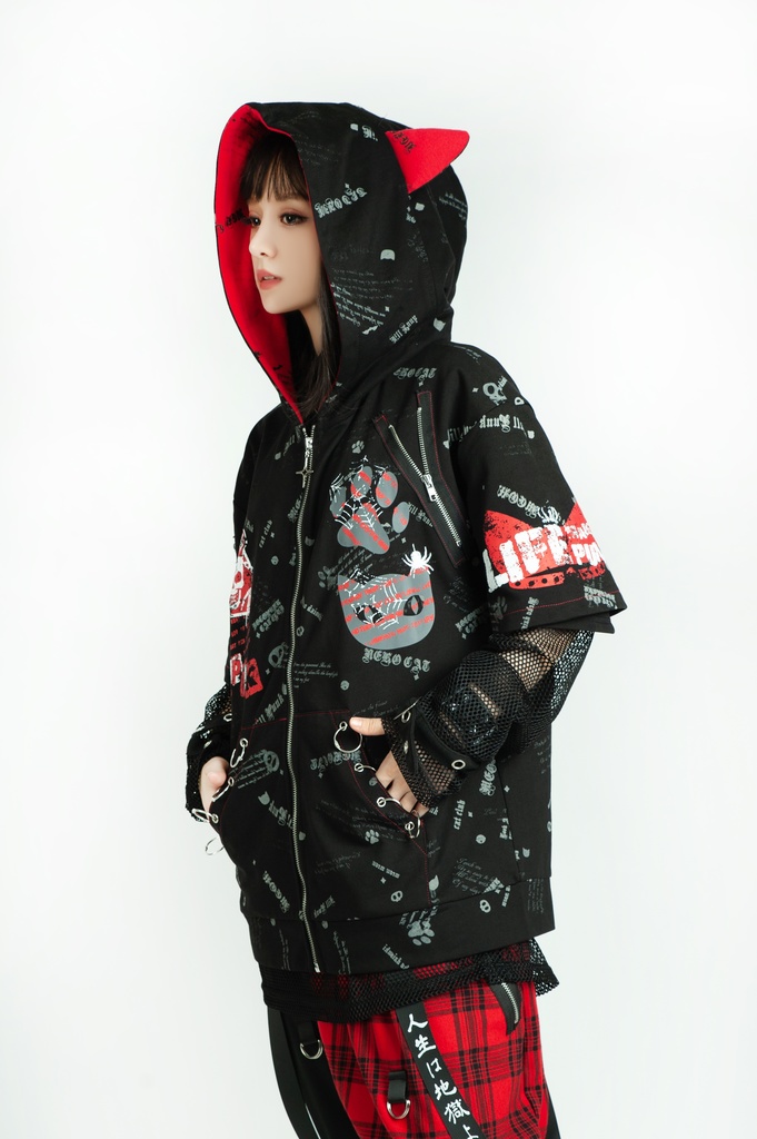 Jillpunk エモパンク 王道パンク 野良猫 鉄の輪 しっぽ付き ゆったり 猫耳 半袖パーカー フード付きジャケット かわいい 猫系 オリジナル おしゃれ男女兼用ファッション メンズ レディース