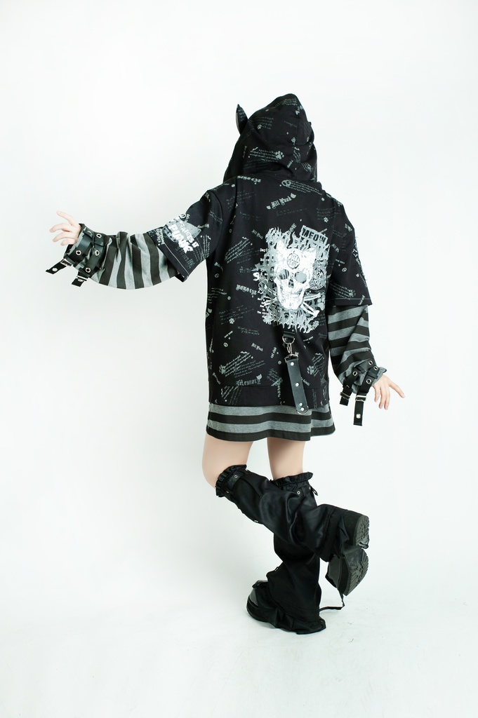 Jillpunk エモパンク 王道パンク 野良猫 鉄の輪 しっぽ付き ゆったり 猫耳 半袖パーカー フード付きジャケット かわいい 猫系 オリジナル おしゃれ男女兼用ファッション メンズ レディース