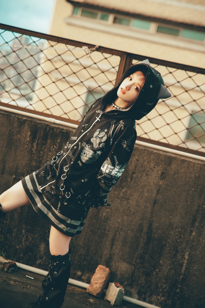 Jillpunk エモパンク 王道パンク 野良猫 鉄の輪 しっぽ付き ゆったり 猫耳 半袖パーカー フード付きジャケット かわいい 猫系 オリジナル おしゃれ男女兼用ファッション メンズ レディース