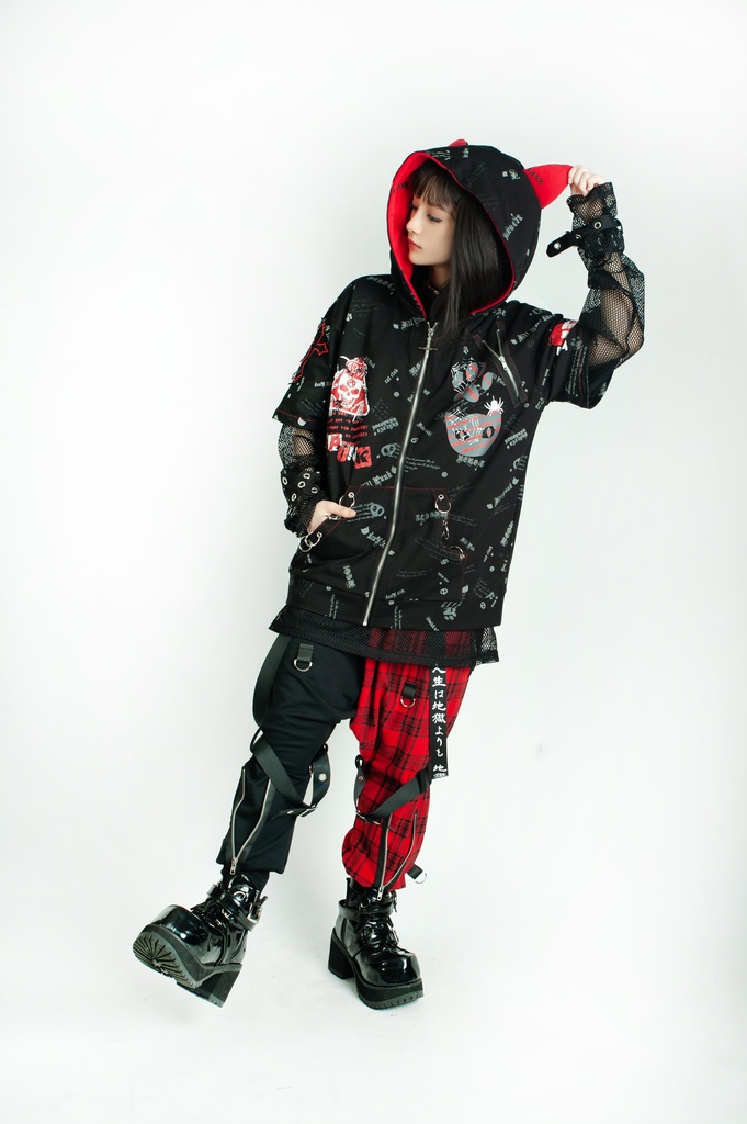 Jillpunk エモパンク 王道パンク 野良猫 鉄の輪 しっぽ付き ゆったり 猫耳 半袖パーカー フード付きジャケット かわいい 猫系 オリジナル おしゃれ男女兼用ファッション メンズ レディース