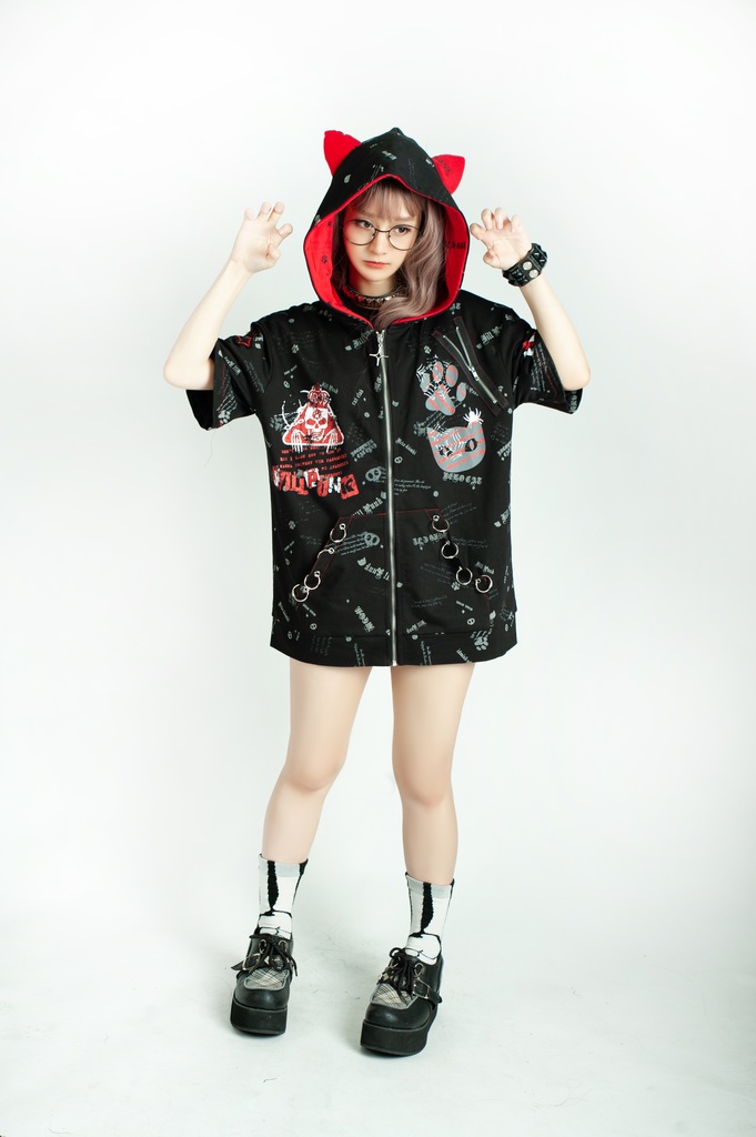 Jillpunk エモパンク 王道パンク 野良猫 鉄の輪 しっぽ付き ゆったり 猫耳 半袖パーカー フード付きジャケット かわいい 猫系 オリジナル おしゃれ男女兼用ファッション メンズ レディース