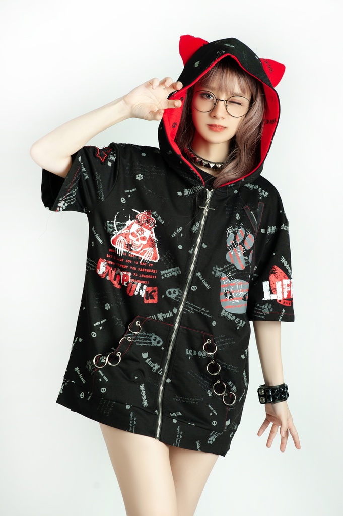 Jillpunk エモパンク 王道パンク 野良猫 鉄の輪 しっぽ付き ゆったり 猫耳 半袖パーカー フード付きジャケット かわいい 猫系 オリジナル おしゃれ男女兼用ファッション メンズ レディース