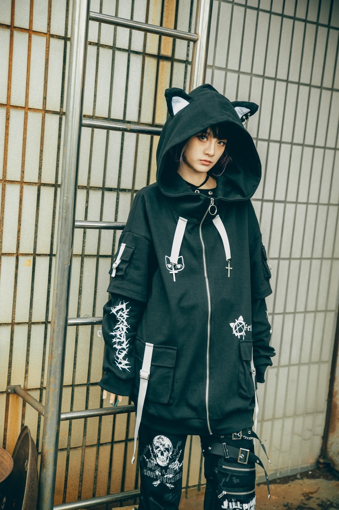Jillpunk ゑいたコラボ サブカルにゃんこ FELONYキャット クール 二次コン アニメ 重ね着風 かわいいパンク クロスチャーム ゆったり 猫耳 長袖マウンテンパーカー フード付きジャケット オリジナル おしゃれ男女兼用