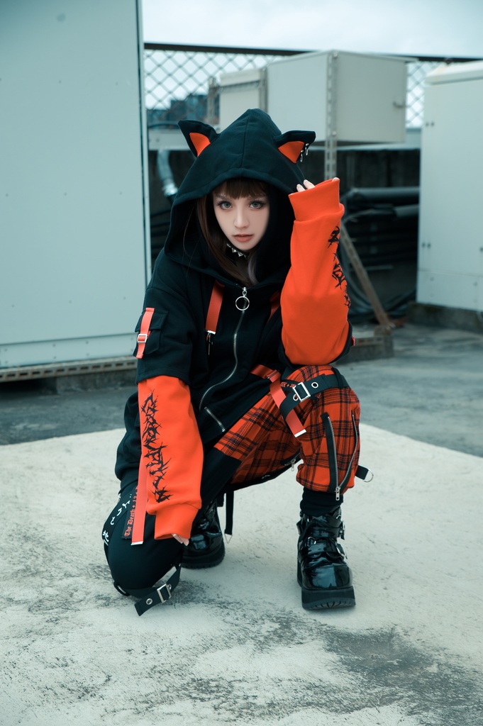 Jillpunk ゑいたコラボ サブカルにゃんこ FELONYキャット クール 二次コン アニメ 重ね着風 かわいいパンク クロスチャーム ゆったり 猫耳 長袖マウンテンパーカー フード付きジャケット オリジナル おしゃれ男女兼用