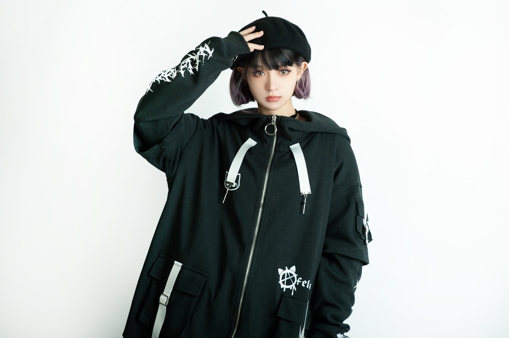 Jillpunk ゑいたコラボ サブカルにゃんこ FELONYキャット クール 二次コン アニメ 重ね着風 かわいいパンク クロスチャーム ゆったり 猫耳 長袖マウンテンパーカー フード付きジャケット オリジナル おしゃれ男女兼用