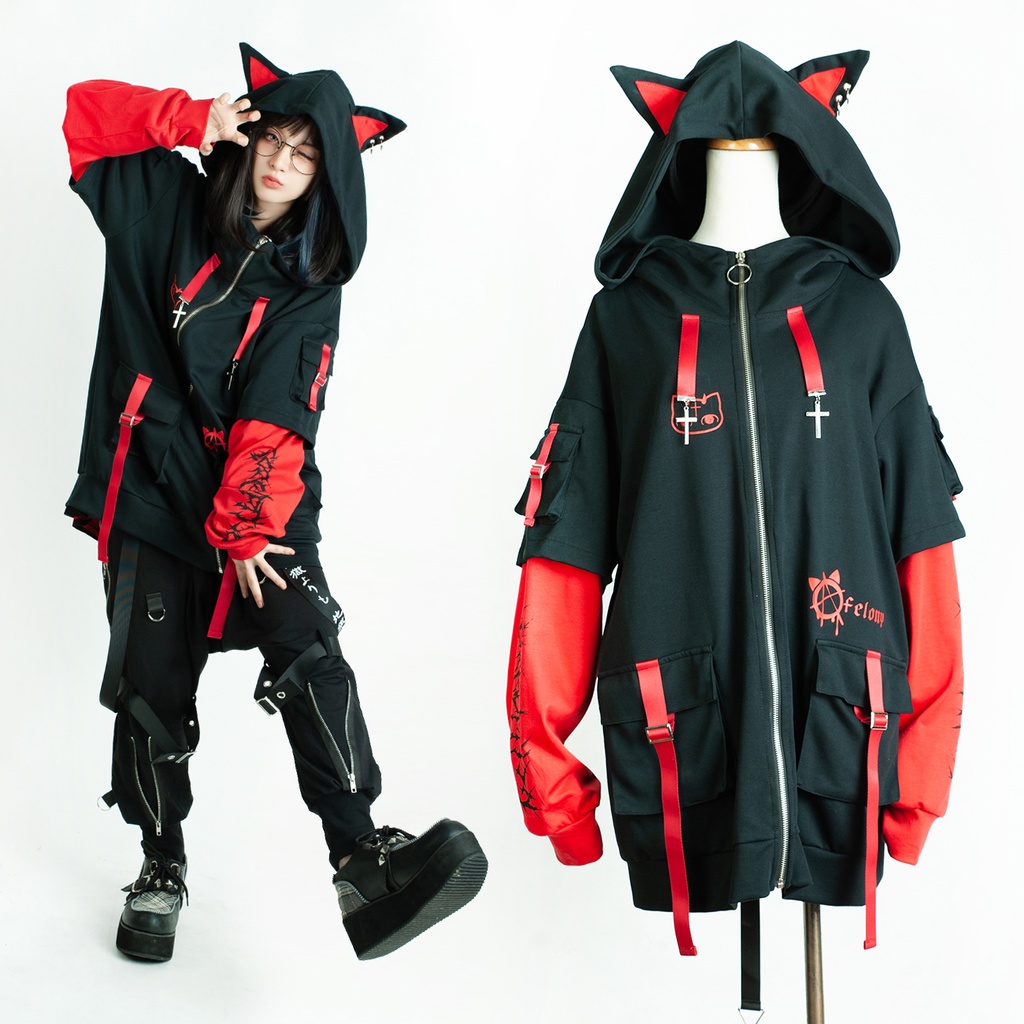 Jillpunk ゑいたコラボ サブカルにゃんこ FELONYキャット クール 二次コン アニメ 重ね着風 かわいいパンク クロスチャーム ゆったり 猫耳 長袖マウンテンパーカー フード付きジャケット オリジナル おしゃれ男女兼用