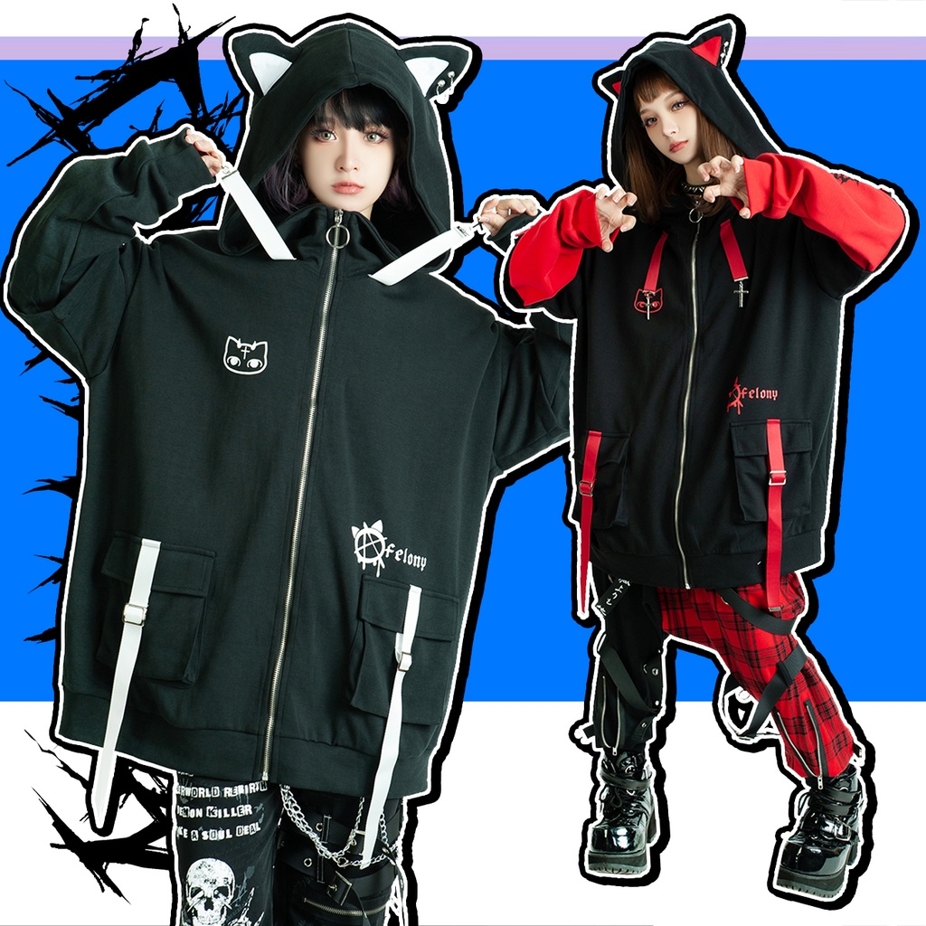 Jillpunk ゑいたコラボ サブカルにゃんこ FELONYキャット クール 二次コン アニメ 重ね着風 かわいいパンク クロスチャーム ゆったり 猫耳 長袖マウンテンパーカー フード付きジャケット オリジナル おしゃれ男女兼用