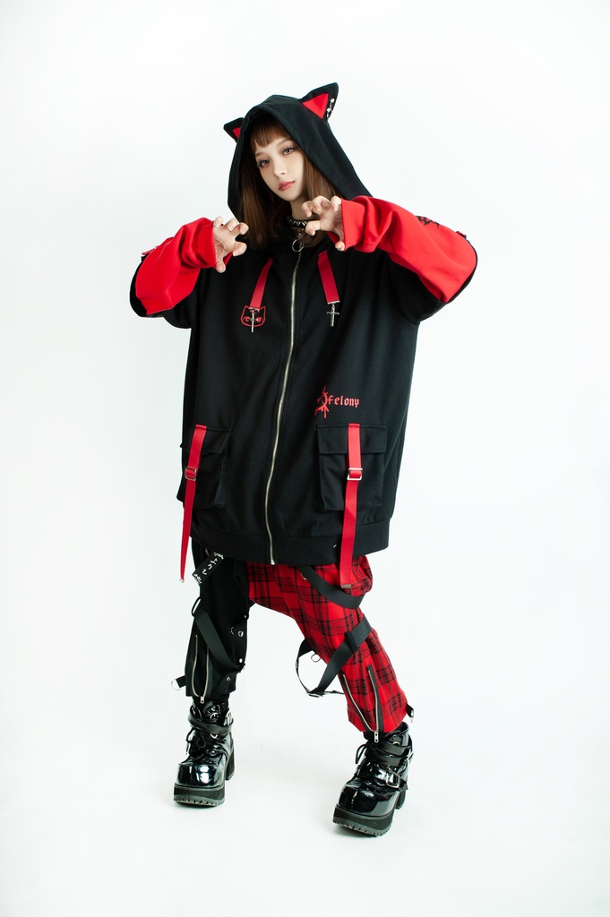 Jillpunk ゑいたコラボ サブカルにゃんこ FELONYキャット クール 二次コン アニメ 重ね着風 かわいいパンク クロスチャーム ゆったり 猫耳 長袖マウンテンパーカー フード付きジャケット オリジナル おしゃれ男女兼用