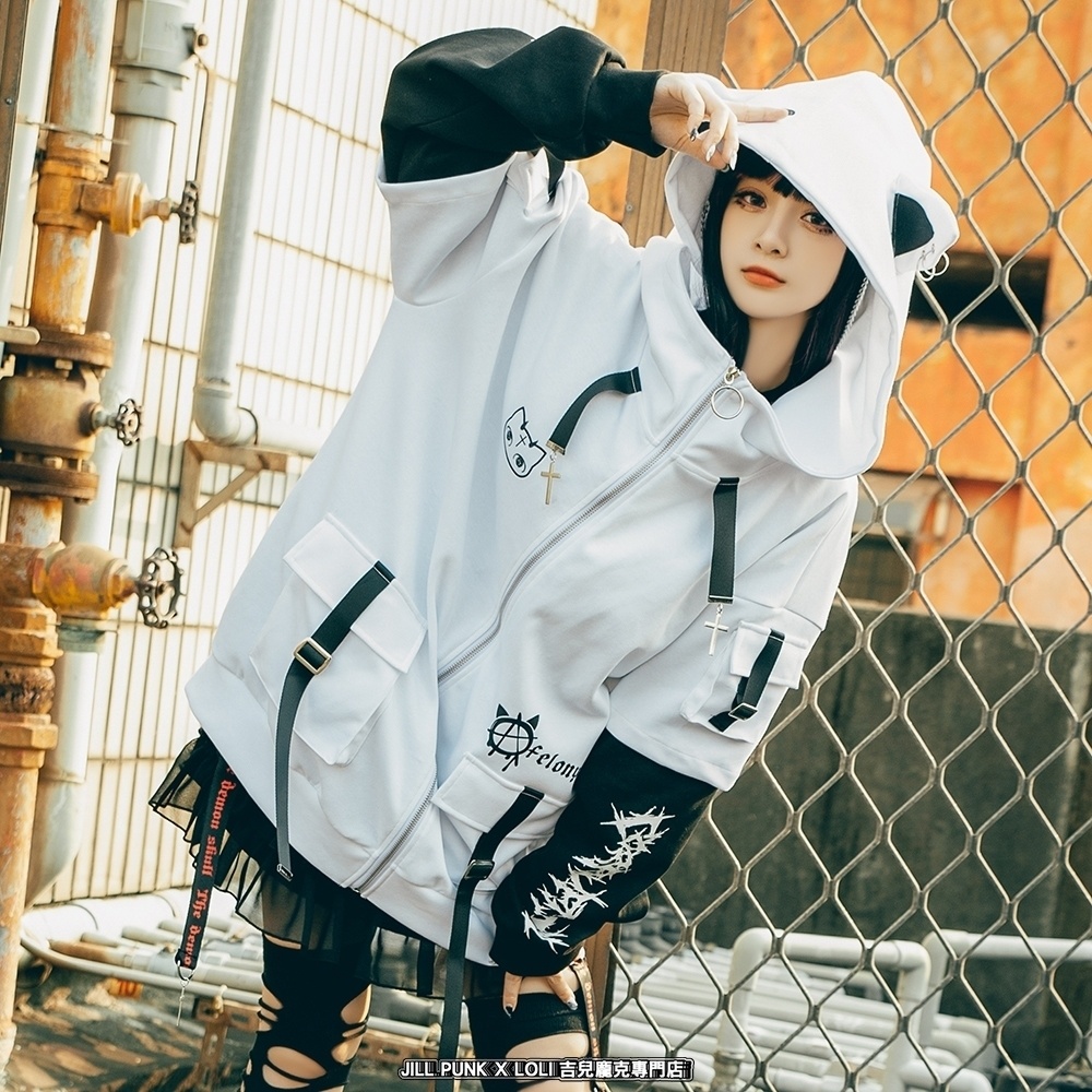 Jillpunk ゑいたコラボ サブカルにゃんこ FELONYキャット クール 二次コン アニメ 重ね着風 かわいいパンク クロスチャーム ゆったり 猫耳 長袖マウンテンパーカー フード付きジャケット オリジナル おしゃれ男女兼用