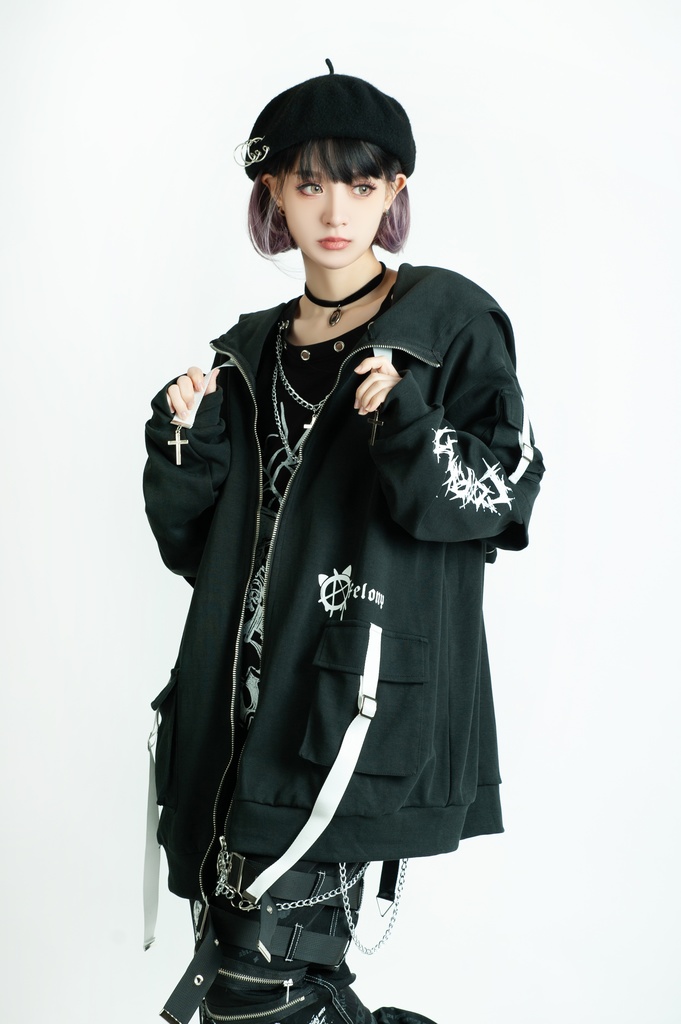 Jillpunk ゑいたコラボ サブカルにゃんこ FELONYキャット クール 二次コン アニメ 重ね着風 かわいいパンク クロスチャーム ゆったり 猫耳 長袖マウンテンパーカー フード付きジャケット オリジナル おしゃれ男女兼用