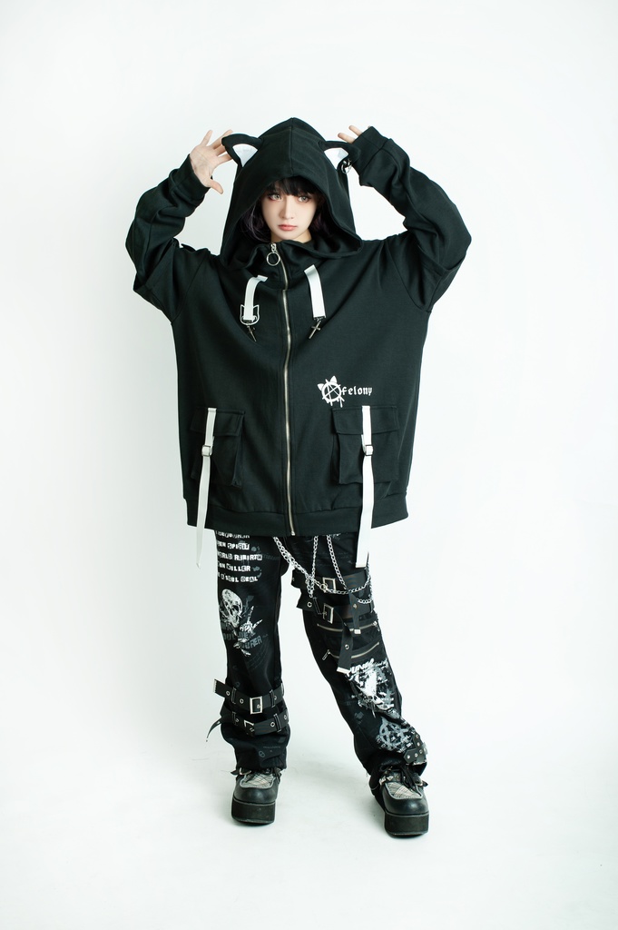 Jillpunk ゑいたコラボ サブカルにゃんこ FELONYキャット クール 二次コン アニメ 重ね着風 かわいいパンク クロスチャーム ゆったり 猫耳 長袖マウンテンパーカー フード付きジャケット オリジナル おしゃれ男女兼用