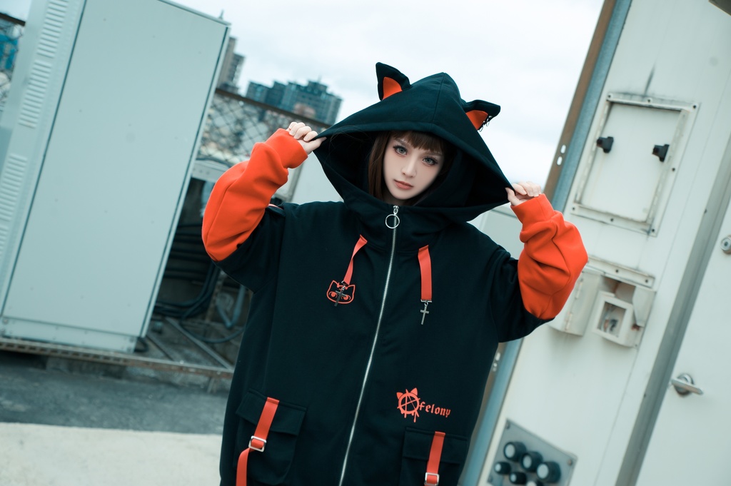 Jillpunk ゑいたコラボ サブカルにゃんこ FELONYキャット クール 二次コン アニメ 重ね着風 かわいいパンク クロスチャーム ゆったり 猫耳 長袖マウンテンパーカー フード付きジャケット オリジナル おしゃれ男女兼用