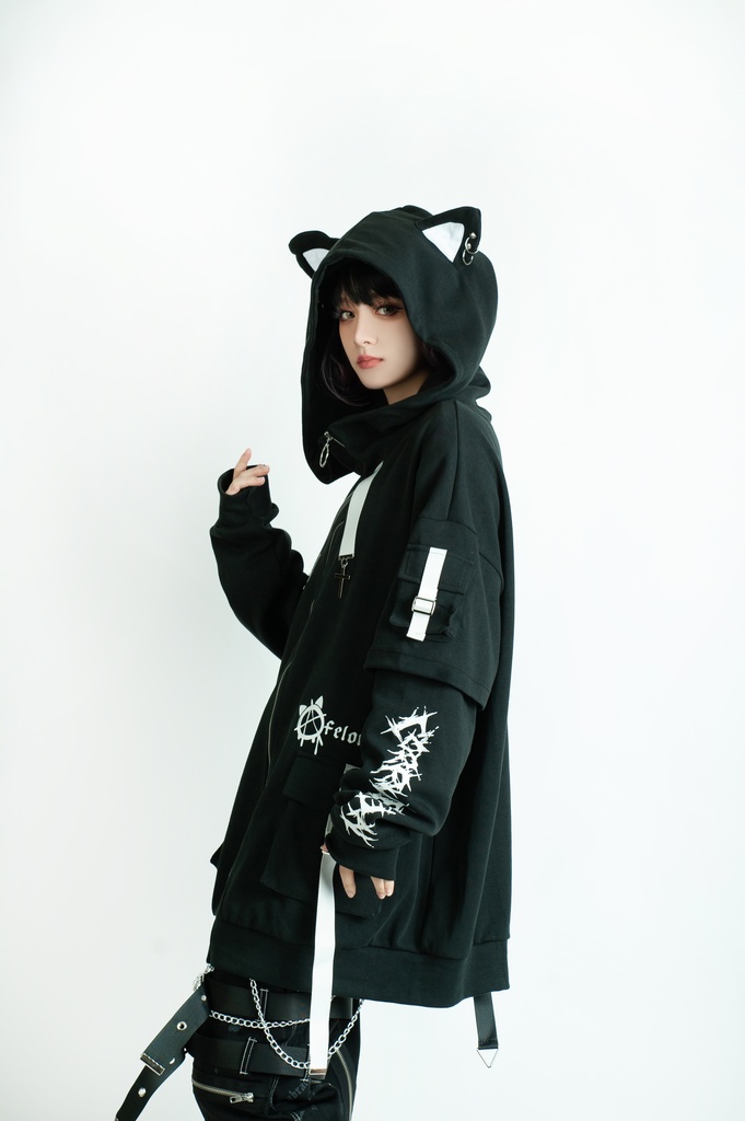 Jillpunk ゑいたコラボ サブカルにゃんこ FELONYキャット クール 二次コン アニメ 重ね着風 かわいいパンク クロスチャーム ゆったり 猫耳 長袖マウンテンパーカー フード付きジャケット オリジナル おしゃれ男女兼用