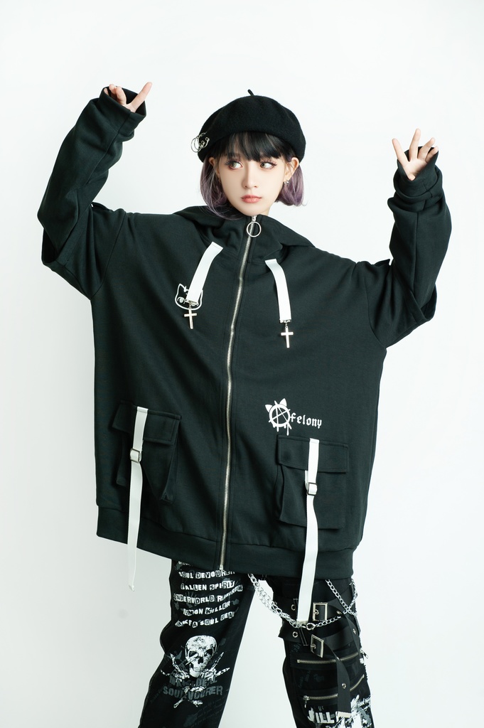 Jillpunk ゑいたコラボ サブカルにゃんこ FELONYキャット クール 二次コン アニメ 重ね着風 かわいいパンク クロスチャーム ゆったり 猫耳 長袖マウンテンパーカー フード付きジャケット オリジナル おしゃれ男女兼用