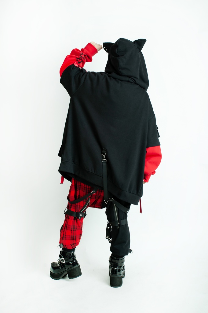 Jillpunk ゑいたコラボ サブカルにゃんこ FELONYキャット クール 二次コン アニメ 重ね着風 かわいいパンク クロスチャーム ゆったり 猫耳 長袖マウンテンパーカー フード付きジャケット オリジナル おしゃれ男女兼用