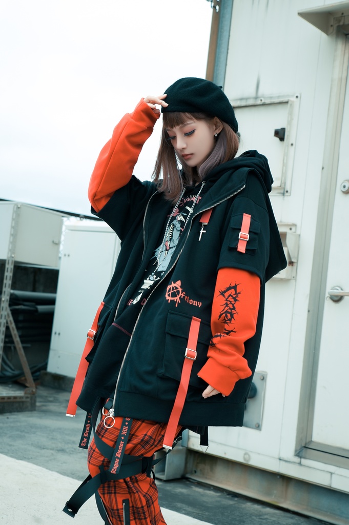 Jillpunk ゑいたコラボ サブカルにゃんこ FELONYキャット クール 二次コン アニメ 重ね着風 かわいいパンク クロスチャーム ゆったり 猫耳 長袖マウンテンパーカー フード付きジャケット オリジナル おしゃれ男女兼用