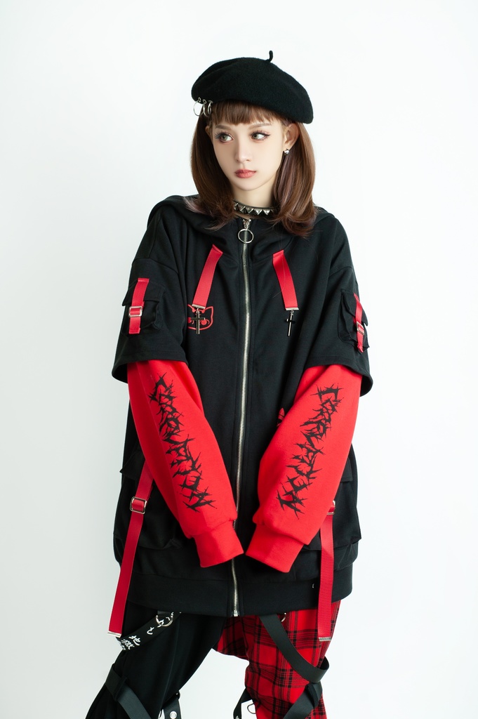 Jillpunk ゑいたコラボ サブカルにゃんこ FELONYキャット クール 二次コン アニメ 重ね着風 かわいいパンク クロスチャーム ゆったり 猫耳 長袖マウンテンパーカー フード付きジャケット オリジナル おしゃれ男女兼用