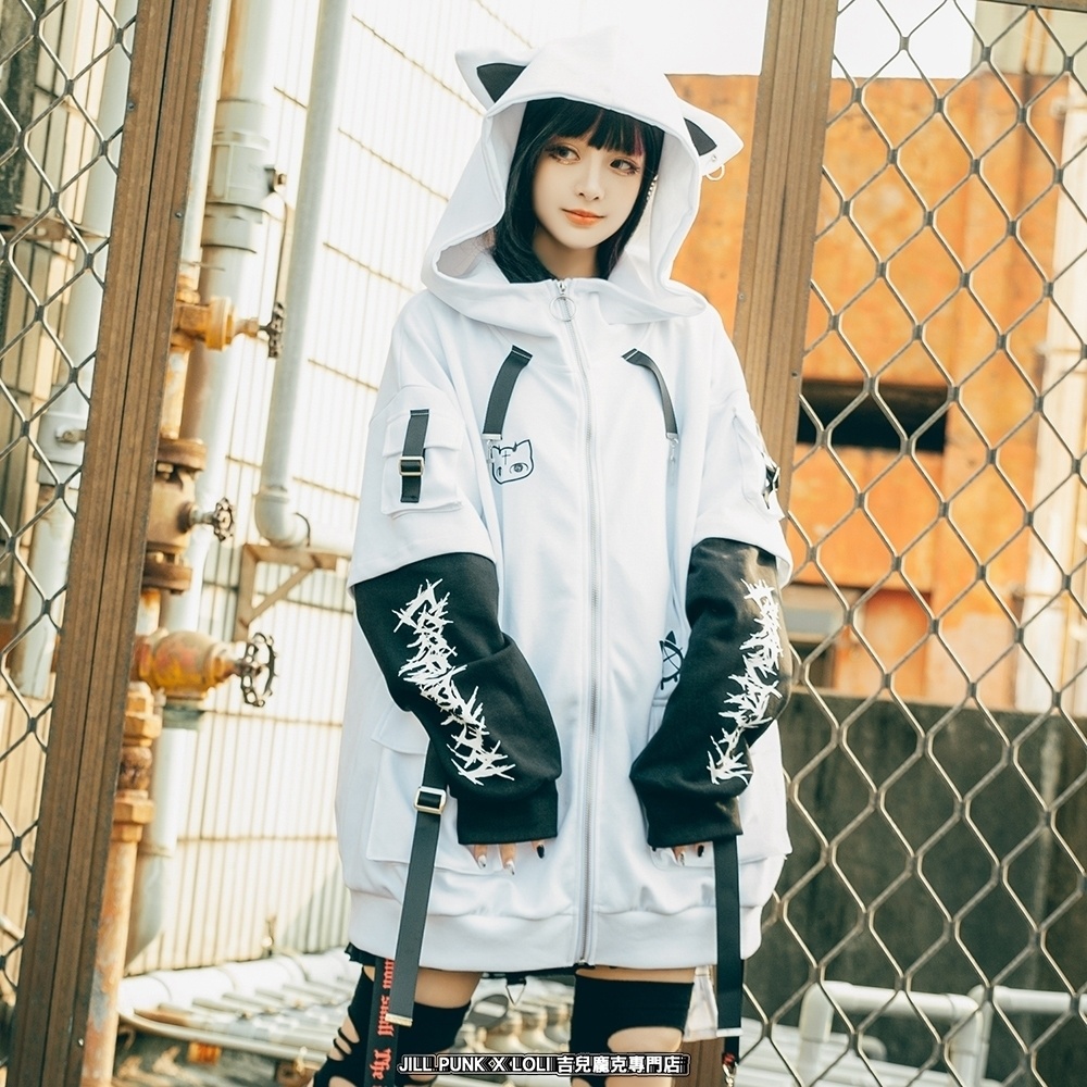 Jillpunk ゑいたコラボ サブカルにゃんこ FELONYキャット クール 二次コン アニメ 重ね着風 かわいいパンク クロスチャーム ゆったり 猫耳 長袖マウンテンパーカー フード付きジャケット オリジナル おしゃれ男女兼用