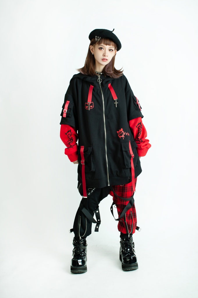 Jillpunk ゑいたコラボ サブカルにゃんこ FELONYキャット クール 二次コン アニメ 重ね着風 かわいいパンク クロスチャーム ゆったり 猫耳 長袖マウンテンパーカー フード付きジャケット オリジナル おしゃれ男女兼用