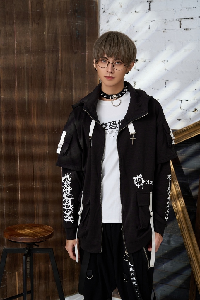 Jillpunk ゑいたコラボ サブカルにゃんこ FELONYキャット クール 二次コン アニメ 重ね着風 かわいいパンク クロスチャーム ゆったり 猫耳 長袖マウンテンパーカー フード付きジャケット オリジナル おしゃれ男女兼用