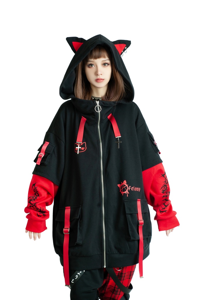 Jillpunk ゑいたコラボ サブカルにゃんこ FELONYキャット クール 二次コン アニメ 重ね着風 かわいいパンク クロスチャーム ゆったり 猫耳 長袖マウンテンパーカー フード付きジャケット オリジナル おしゃれ男女兼用
