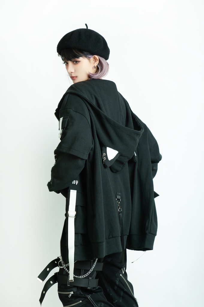 Jillpunk ゑいたコラボ サブカルにゃんこ FELONYキャット クール 二次コン アニメ 重ね着風 かわいいパンク クロスチャーム ゆったり 猫耳 長袖マウンテンパーカー フード付きジャケット オリジナル おしゃれ男女兼用
