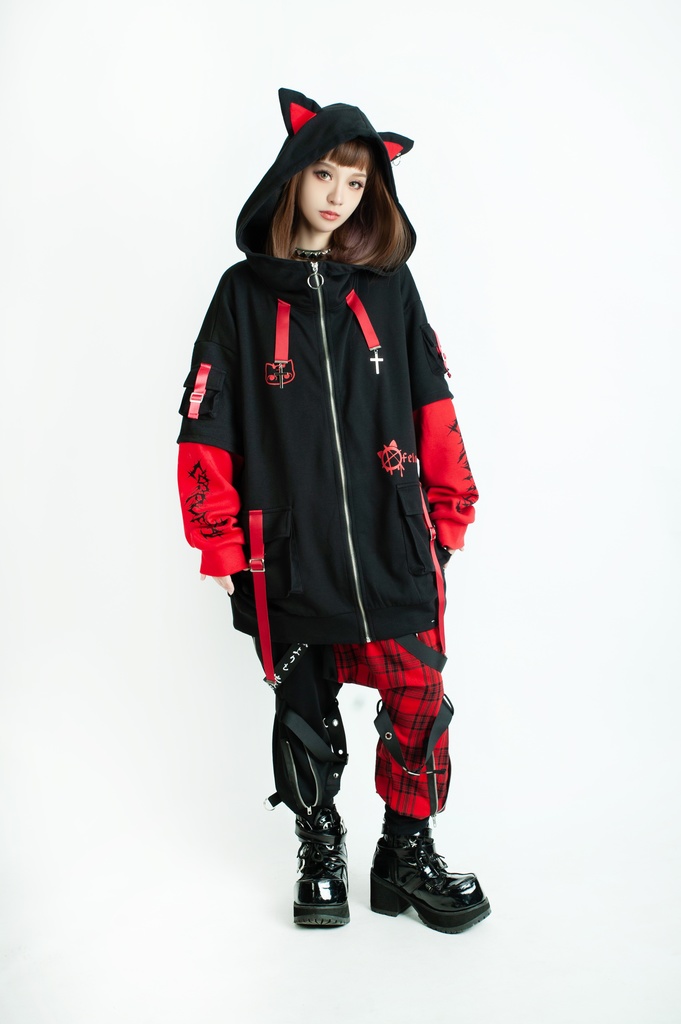 Jillpunk ゑいたコラボ サブカルにゃんこ FELONYキャット クール 二次コン アニメ 重ね着風 かわいいパンク クロスチャーム ゆったり 猫耳 長袖マウンテンパーカー フード付きジャケット オリジナル おしゃれ男女兼用