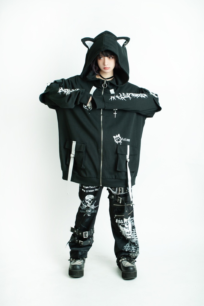 Jillpunk ゑいたコラボ サブカルにゃんこ FELONYキャット クール 二次コン アニメ 重ね着風 かわいいパンク クロスチャーム ゆったり 猫耳 長袖マウンテンパーカー フード付きジャケット オリジナル おしゃれ男女兼用