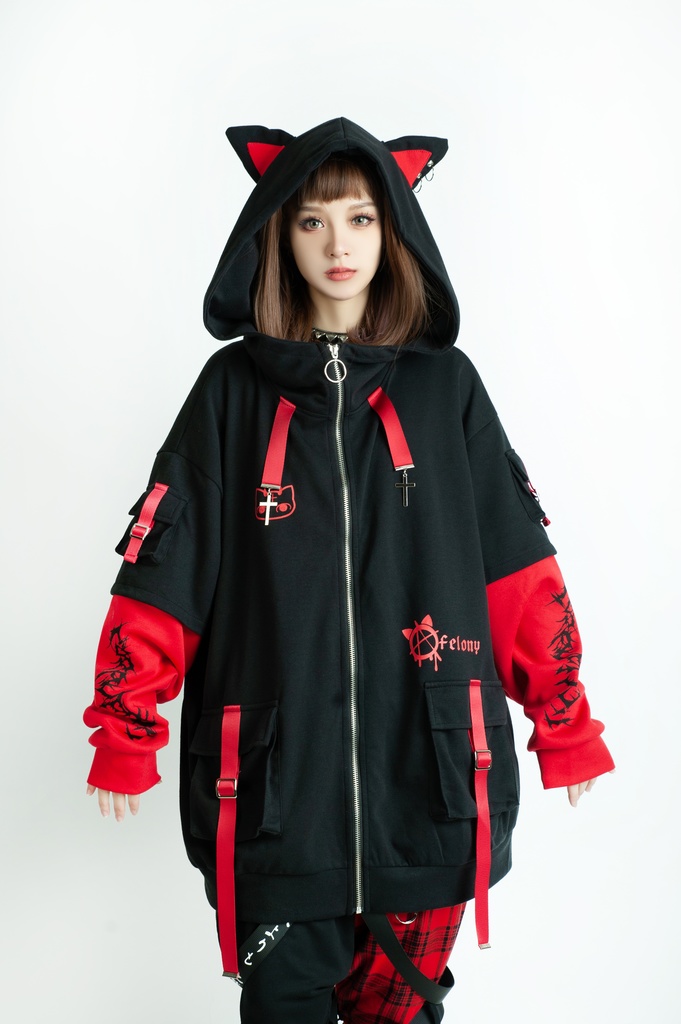 Jillpunk ゑいたコラボ サブカルにゃんこ FELONYキャット クール 二次コン アニメ 重ね着風 かわいいパンク クロスチャーム ゆったり 猫耳 長袖マウンテンパーカー フード付きジャケット オリジナル おしゃれ男女兼用
