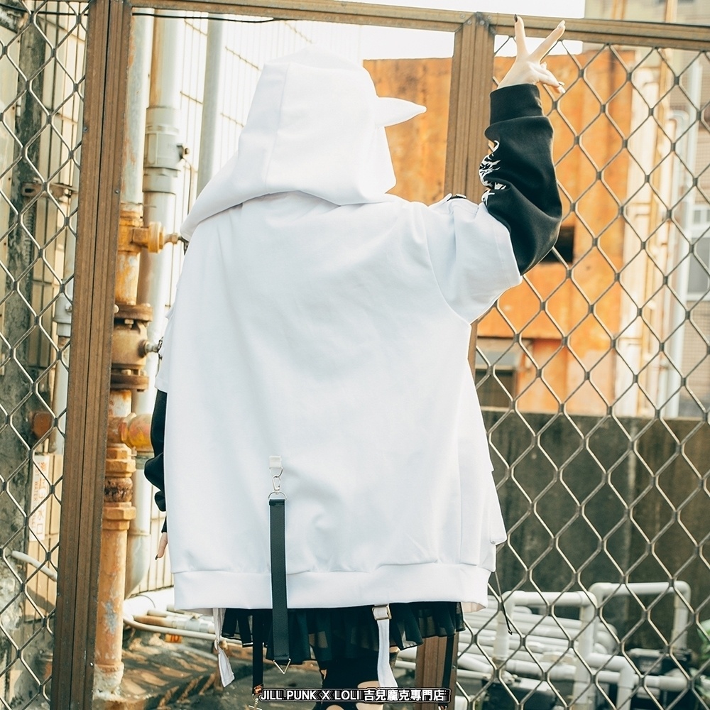 Jillpunk ゑいたコラボ サブカルにゃんこ FELONYキャット クール 二次コン アニメ 重ね着風 かわいいパンク クロスチャーム ゆったり 猫耳 長袖マウンテンパーカー フード付きジャケット オリジナル おしゃれ男女兼用