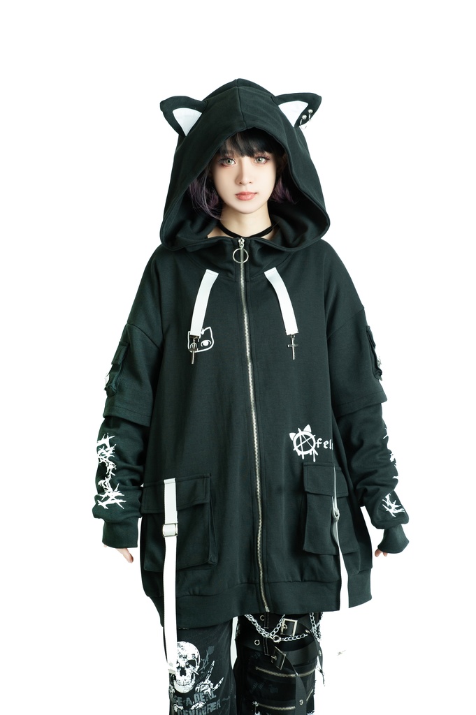 Jillpunk ゑいたコラボ サブカルにゃんこ FELONYキャット クール 二次コン アニメ 重ね着風 かわいいパンク クロスチャーム ゆったり 猫耳 長袖マウンテンパーカー フード付きジャケット オリジナル おしゃれ男女兼用