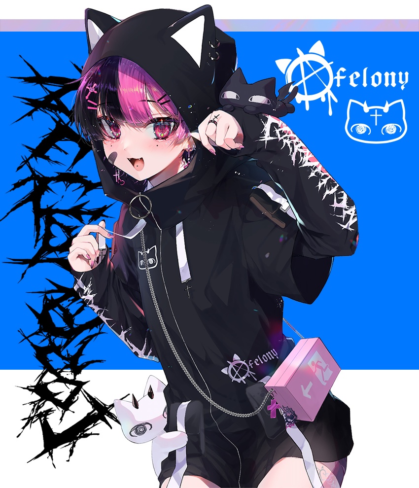 Jillpunk ゑいたコラボ サブカルにゃんこ FELONYキャット クール 二次コン アニメ 重ね着風 かわいいパンク クロスチャーム ゆったり 猫耳 長袖マウンテンパーカー フード付きジャケット オリジナル おしゃれ男女兼用