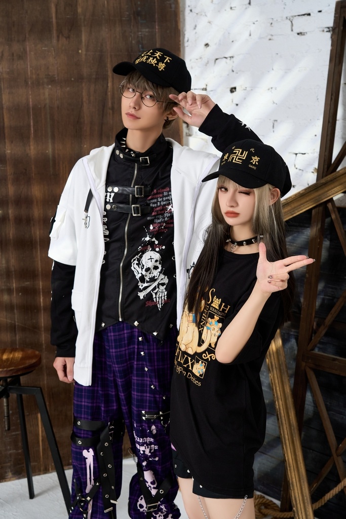 Jillpunk ゑいたコラボ サブカルにゃんこ FELONYキャット クール 二次コン アニメ 重ね着風 かわいいパンク クロスチャーム ゆったり 猫耳 長袖マウンテンパーカー フード付きジャケット オリジナル おしゃれ男女兼用