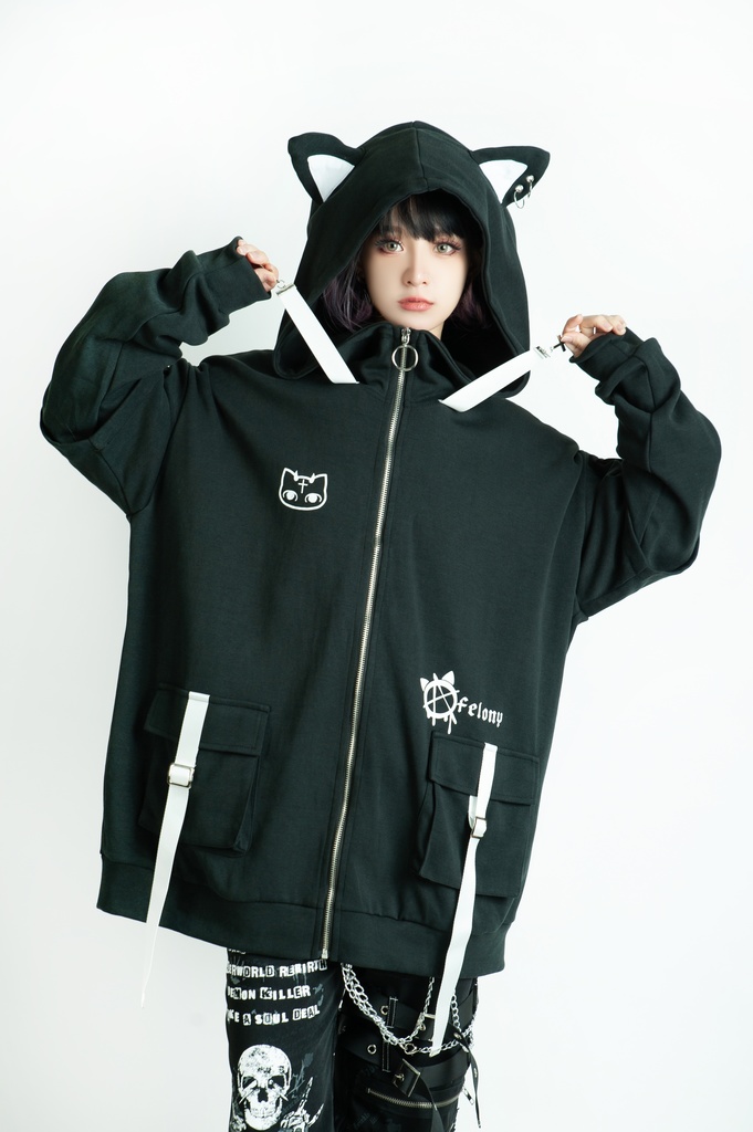 Jillpunk ゑいたコラボ サブカルにゃんこ FELONYキャット クール 二次コン アニメ 重ね着風 かわいいパンク クロスチャーム ゆったり 猫耳 長袖マウンテンパーカー フード付きジャケット オリジナル おしゃれ男女兼用
