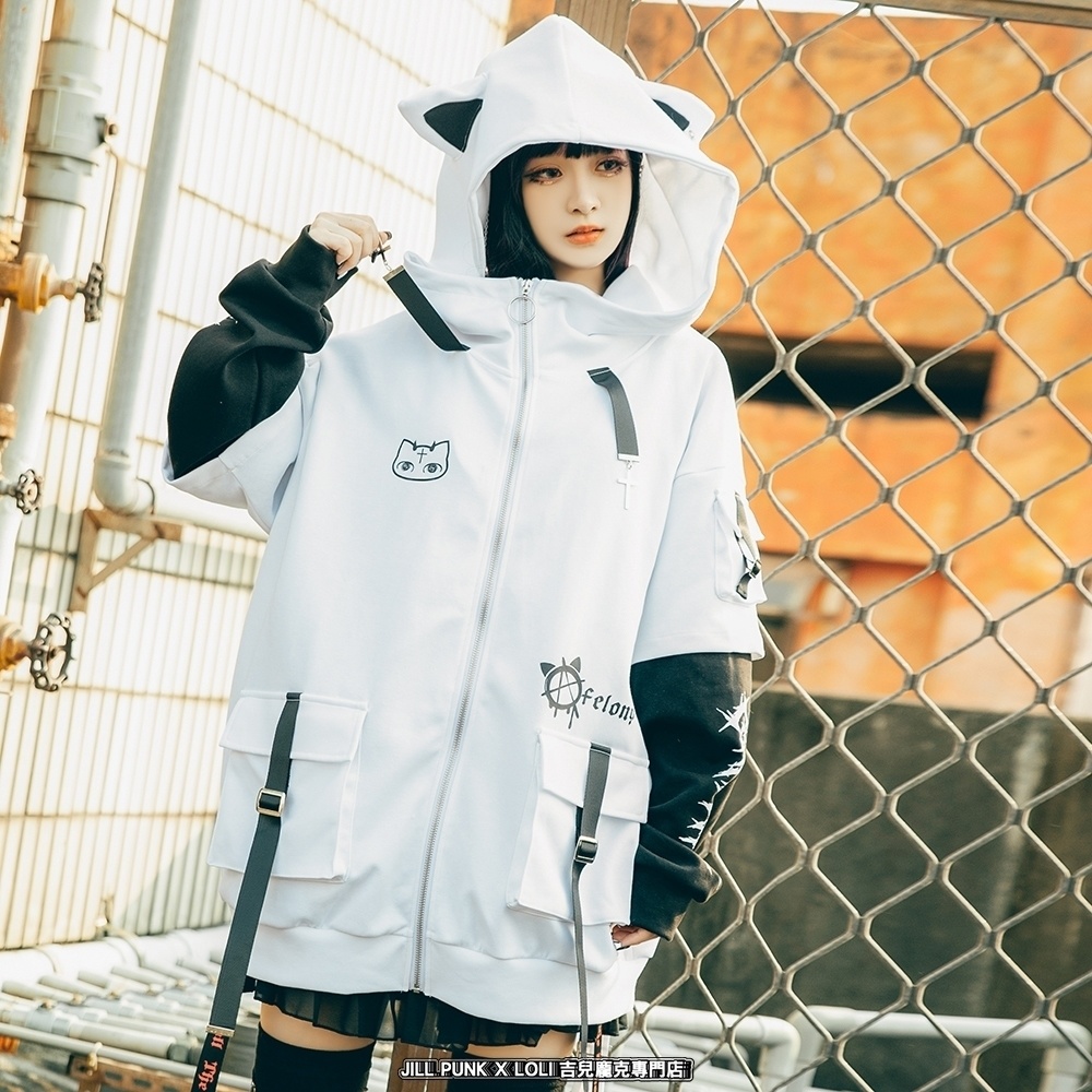Jillpunk ゑいたコラボ サブカルにゃんこ FELONYキャット クール 二次コン アニメ 重ね着風 かわいいパンク クロスチャーム ゆったり 猫耳 長袖マウンテンパーカー フード付きジャケット オリジナル おしゃれ男女兼用