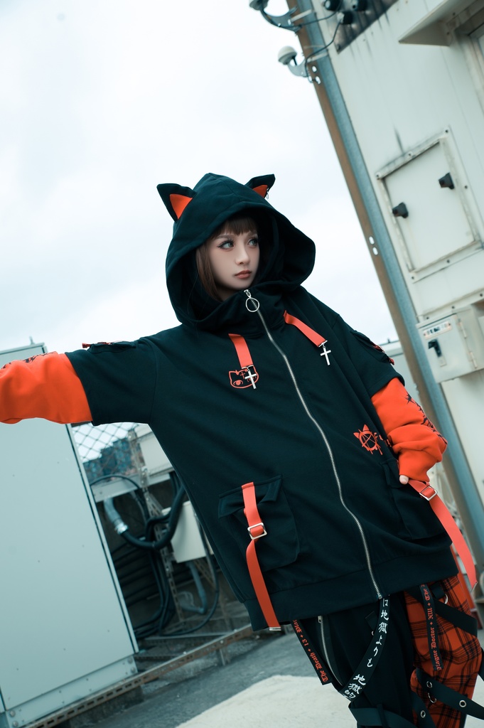 Jillpunk ゑいたコラボ サブカルにゃんこ FELONYキャット クール 二次コン アニメ 重ね着風 かわいいパンク クロスチャーム ゆったり 猫耳 長袖マウンテンパーカー フード付きジャケット オリジナル おしゃれ男女兼用