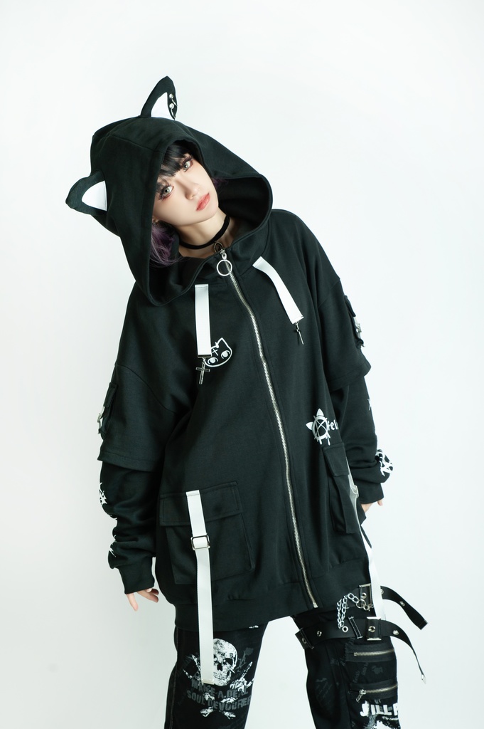 Jillpunk ゑいたコラボ サブカルにゃんこ FELONYキャット クール 二次コン アニメ 重ね着風 かわいいパンク クロスチャーム ゆったり 猫耳 長袖マウンテンパーカー フード付きジャケット オリジナル おしゃれ男女兼用
