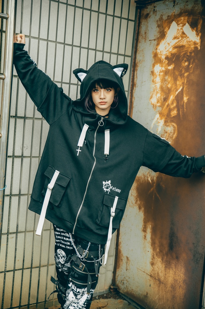 Jillpunk ゑいたコラボ サブカルにゃんこ FELONYキャット クール 二次コン アニメ 重ね着風 かわいいパンク クロスチャーム ゆったり 猫耳 長袖マウンテンパーカー フード付きジャケット オリジナル おしゃれ男女兼用
