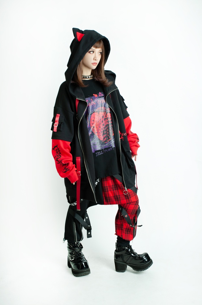 Jillpunk ゑいたコラボ サブカルにゃんこ FELONYキャット クール 二次コン アニメ 重ね着風 かわいいパンク クロスチャーム ゆったり 猫耳 長袖マウンテンパーカー フード付きジャケット オリジナル おしゃれ男女兼用