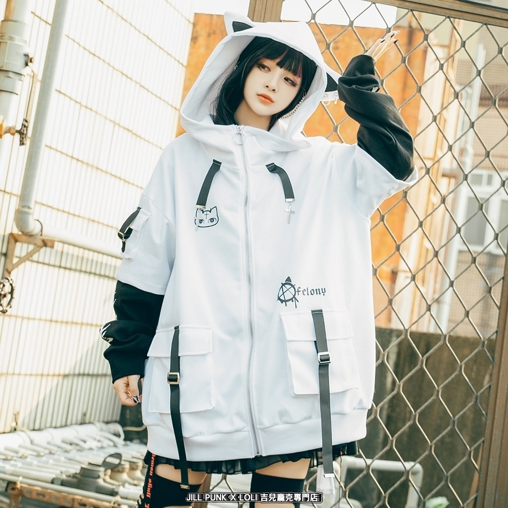 Jillpunk ゑいたコラボ サブカルにゃんこ FELONYキャット クール 二次コン アニメ 重ね着風 かわいいパンク クロスチャーム ゆったり 猫耳 長袖マウンテンパーカー フード付きジャケット オリジナル おしゃれ男女兼用
